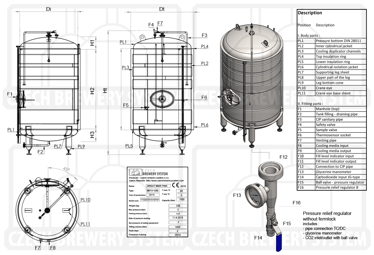 Beschrijving van de cilindrische bierdruktank, verticaal, geïsoleerd