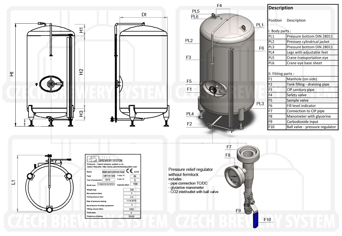 Descrizione del serbatoio a pressione cilindrico della birra, verticale, non isolato